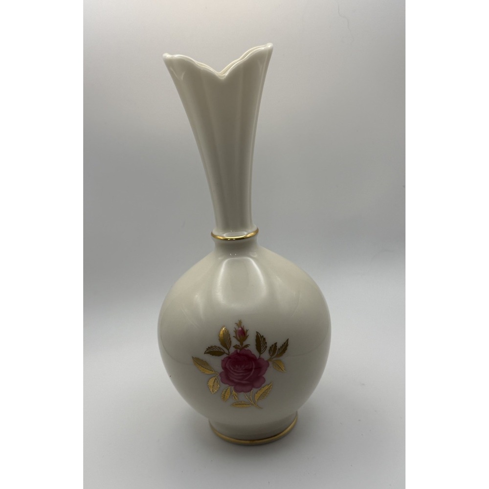 VTG Lenox Rhodora Bud Vase 24k Gold Trim Pink Rose Hand painted USA MCM 8"H EUC